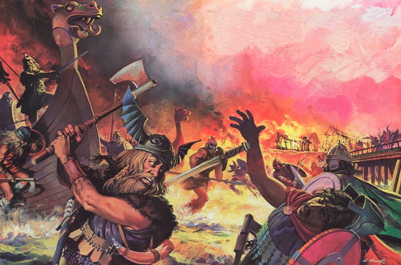 Paris under attack från vikingarna (färglitografi) av Andrew Howat
