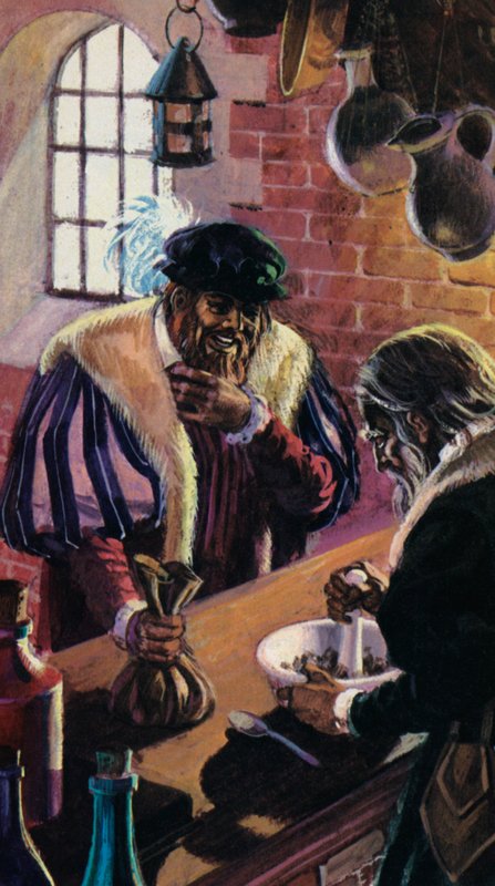 Inköp av pulveriserat horn från enhörningen under medeltiden (färglitografi) av Andrew Howat