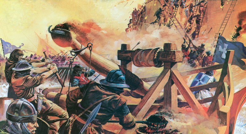 De kristna belägrar Konstantinopel 1203 (färglitografi) av Andrew Howat