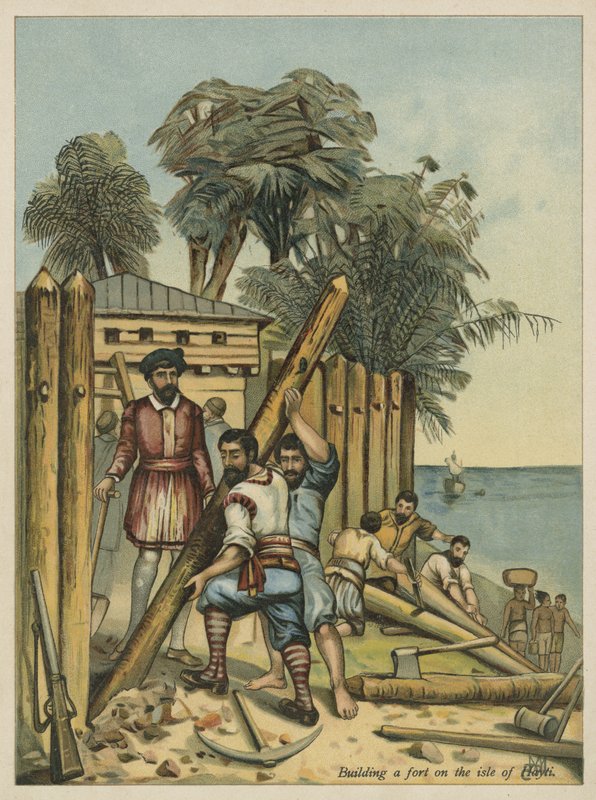 Columbus bygger ett fort i Haiti (chromolitho) av Andrew Melrose