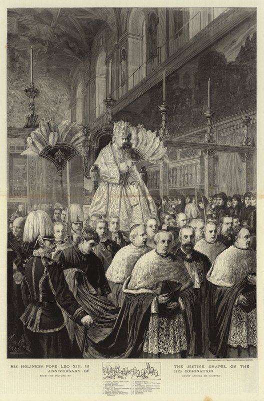 Hans helighet påven Leo XIII i Sixtinska kapellet på årsdagen av hans kröning gravyr av Angelo Courten