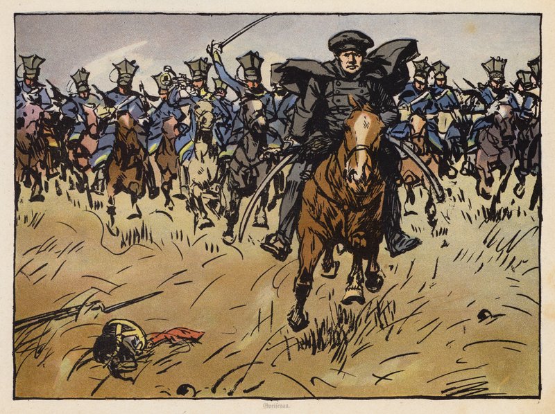 Preussiske fältmarskalken Gneisenau leder en kavalleriattack (chromolitho) av Angelo Jank