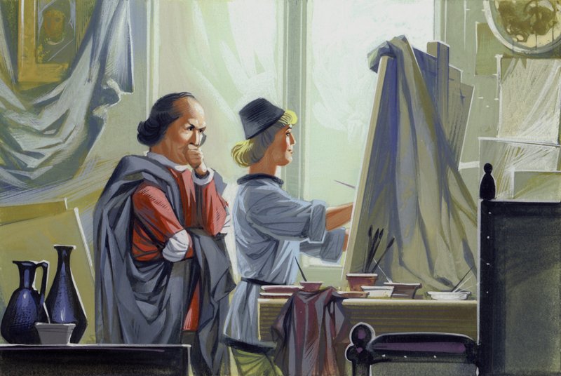 En ung Leonardo Da Vinci assisterar sin mästare Verrocchio med Kristi dop (gouache på papper) av Angus McBride