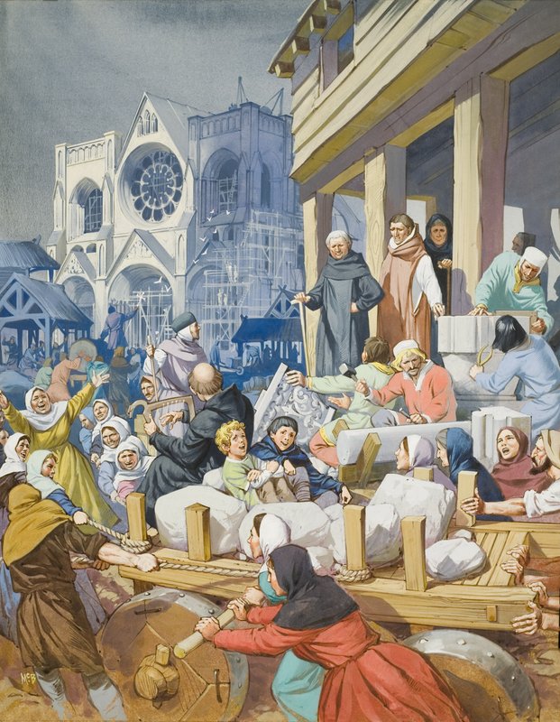 Abbot Suger (ca 1081-1151) och uppförandet av klostret St Denis (gouache på papper) av Angus McBride