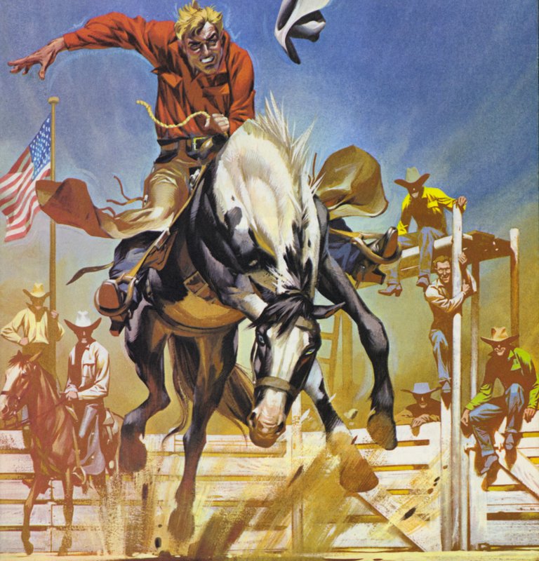 Amerikansk bronco-ryttare (färglitografi) av Angus McBride