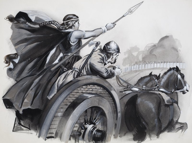 Boadicea piskar upp britternas raseri mot de romerska överherrarna (gouache på papper) av Angus McBride