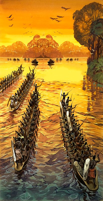 Henry Stanley, som letade efter Livingstone, var tvungen att möta fientliga stammar i krigskanoter av Angus McBride
