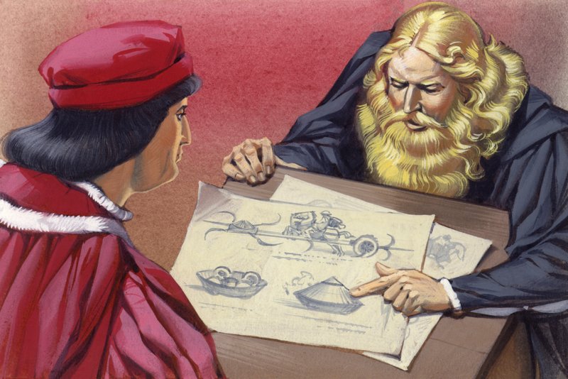 Leonardo Da Vinci förklarar möjliga krigsmaskiner för Ludovico Sforza (gouache på papper) av Angus McBride