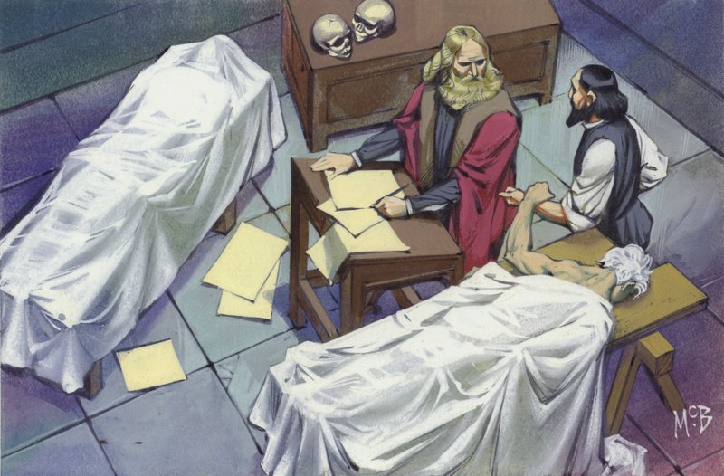 Leonardo Da Vinci undersöker människans anatomi med hjälp av liken efter män som avlidit på sjukhus (gouache på papper) av Angus McBride