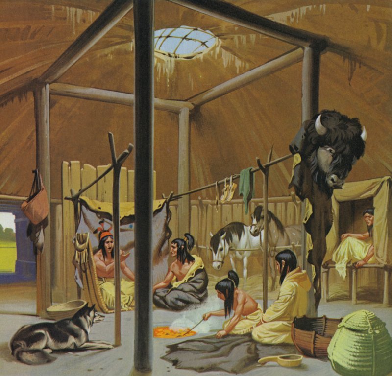 Mandan earth lodge (färglitografi) av Angus McBride