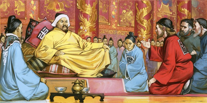 Marco Polo vid Kublai Khans hov, 1900-talet (gouache på papper) av Angus McBride