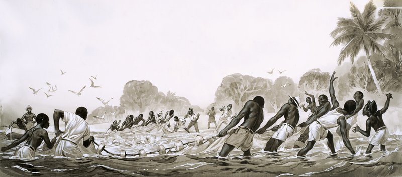 Infödingar i Karibien använder nät för att tråla efter fisk i havet av Angus McBride