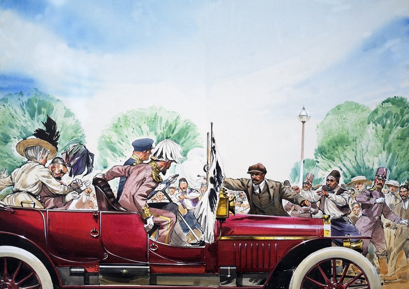 Första världskrigets utbrott, illustration från "Great Events in World History" (gouache på papper) av Angus McBride