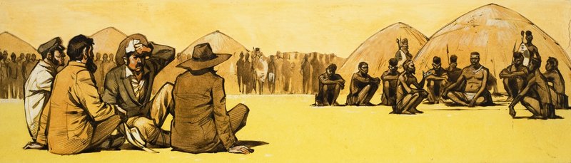 Pionjärer förhandlar med stamhövdingar i Afrika av Angus McBride