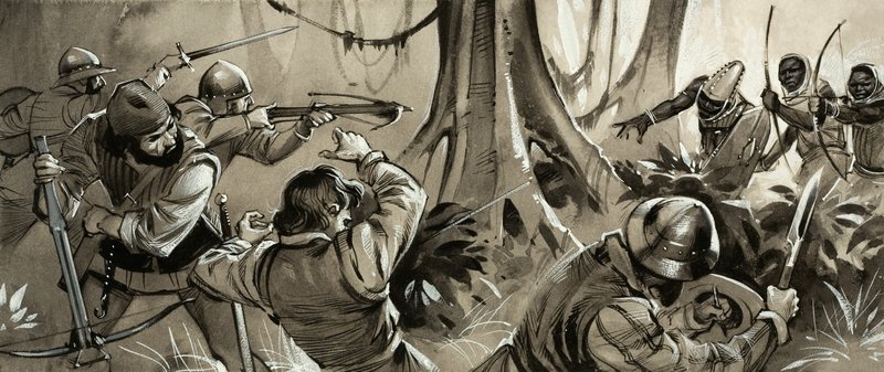 Portugisiska sjömän attackerade av fientliga stammar i Nordafrika (gouache på papper) av Angus McBride