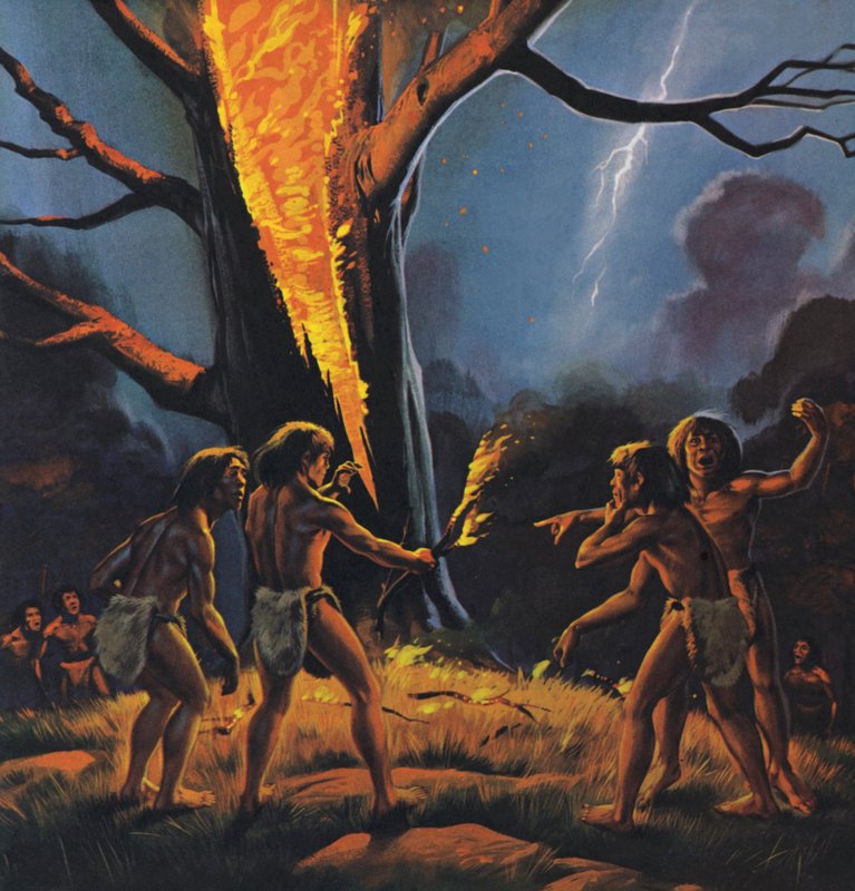 Den förhistoriska människan och elden (färglitografi) av Angus McBride