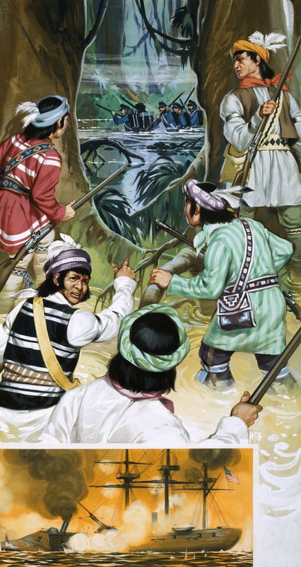 Seminoleindianerna strider mot de amerikanska soldaterna i träsken av Angus McBride