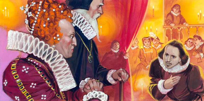 Shakespeare presenteras för drottning Elizabeth I av Angus McBride
