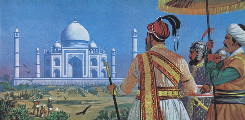 Shan Jahan ser på när Taj Mahal byggs (färglitografi) av Angus McBride