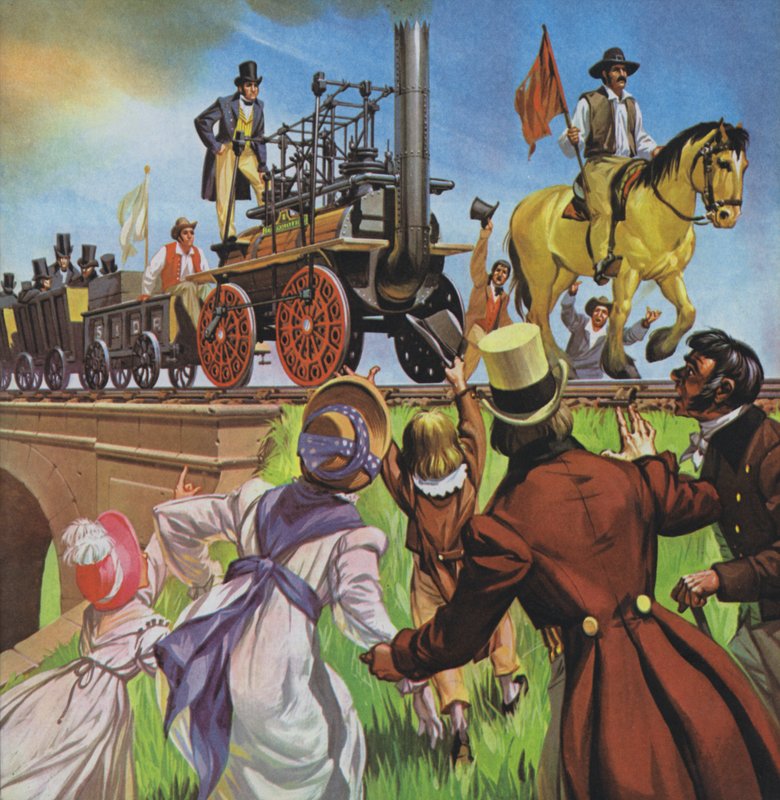 Järnvägen Stockton och Darlington (färglitografi) av Angus McBride