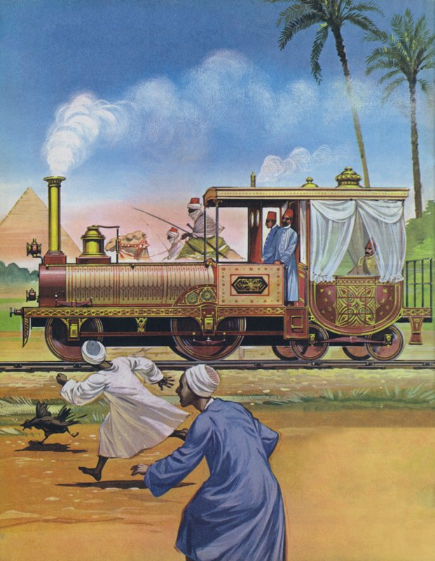 Khediven av Egypten lät bygga ett lok och en vagn i England 1862 (färglitografi) av Angus McBride
