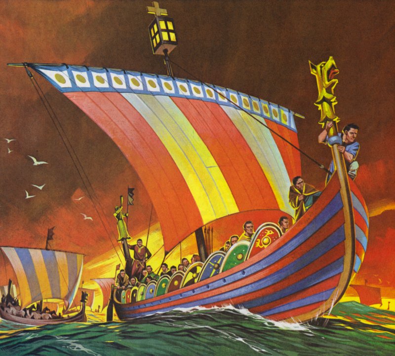 Normanderna korsar kanalen till Hastings (färglitografi) av Angus McBride