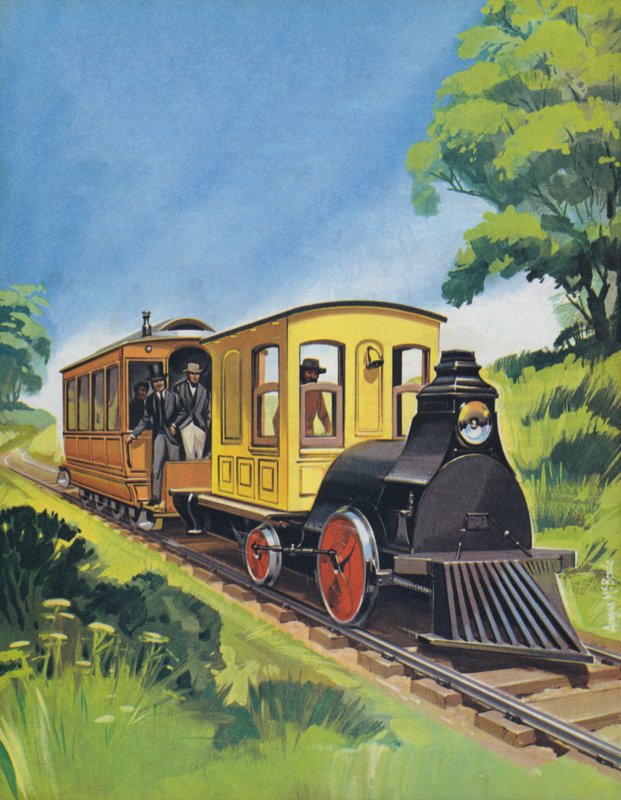 Thomas Edisons elektriska tåg, byggt 1882 (färglitografi) av Angus McBride