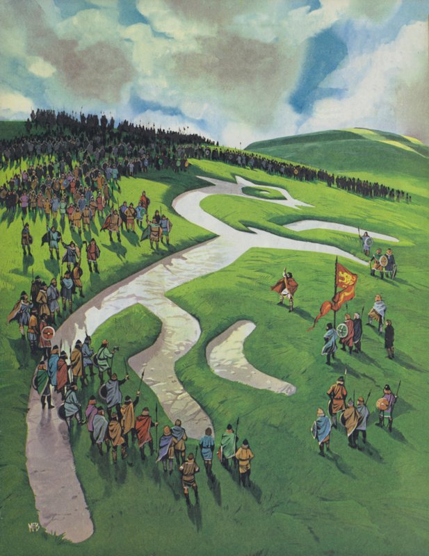 Uffington White Horse, byggd av Alfred den store efter slaget vid Ashdown mot danskarna (färglitografi) av Angus McBride