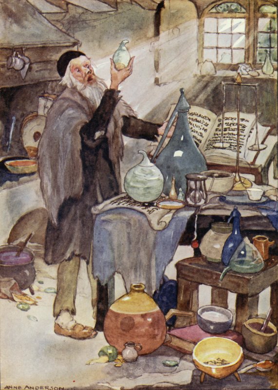 Alkemist, scen ur HC Andersens saga Vindens saga (färg litho) av Anne (after) Anderson