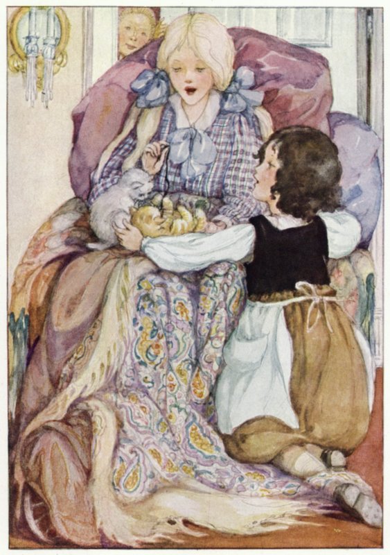 Klara höll de små kattungarna i sitt knä (färg litho) av Anne (after) Anderson