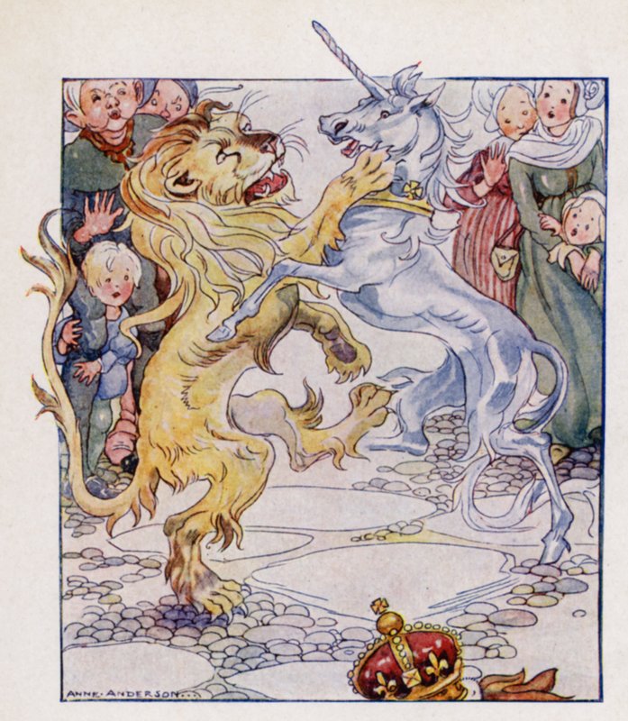 Nursery rim: The Lion And The Unicorn (färg litho) av Anne (after) Anderson