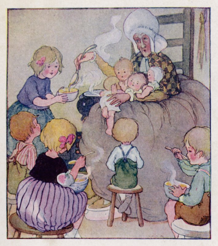 Barnrim: Det var en gammal kvinna som bodde i en sko (färg litho) av Anne (after) Anderson