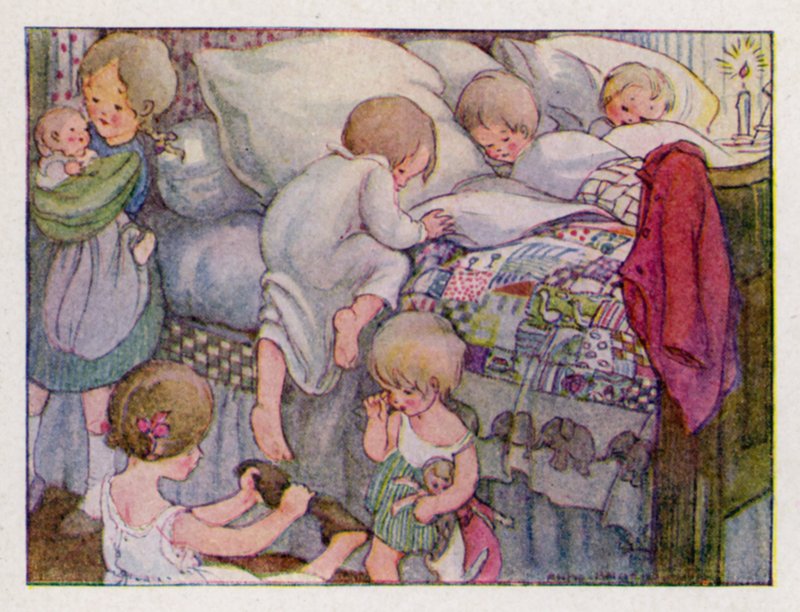 Nursery rim: Wee Willie Winkie Runs Through The Town (färg litho) av Anne (after) Anderson