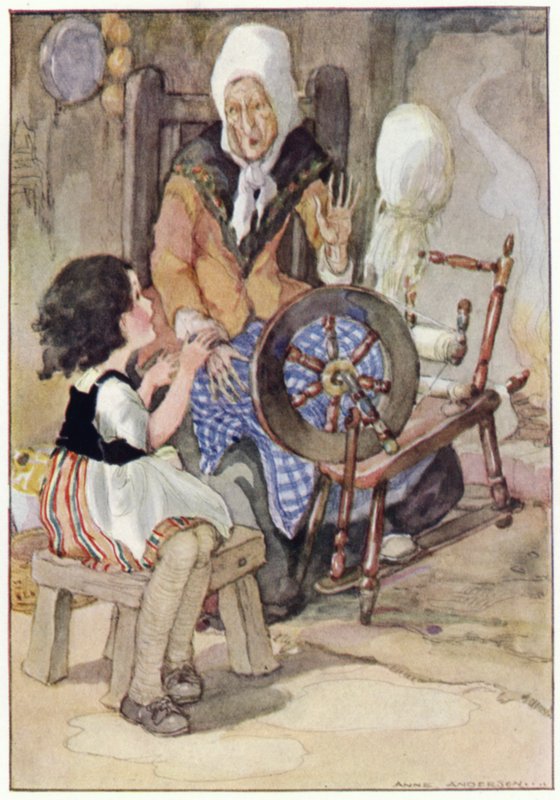 Mormodern startade från sitt spinnhjul (färg litho) av Anne (after) Anderson