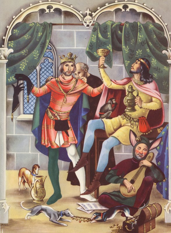Edward II och Piers Gaveston (färglitografi) av Anne & Johnstone Janet (1928 79) Johnstone