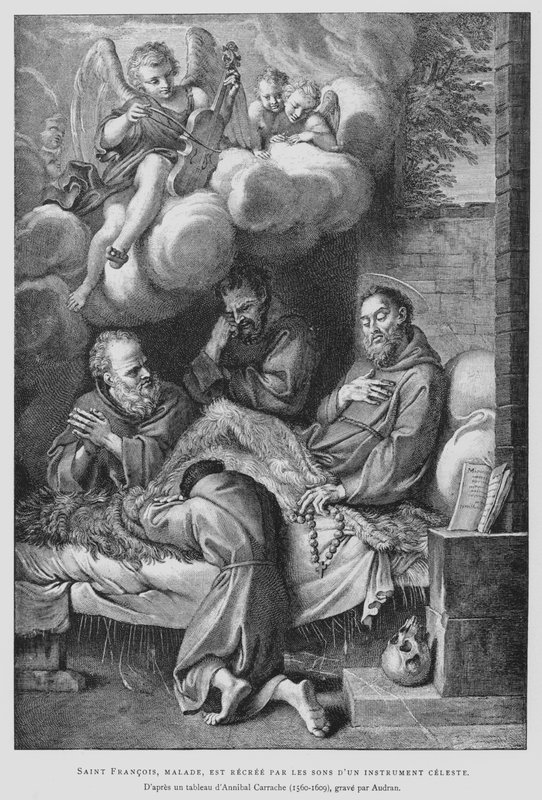 Den helige Franciskus av Assisi, som lider av sjukdom, blir helad av ljudet av ett himmelskt instrument (litho) av Annibale (after) Carracci