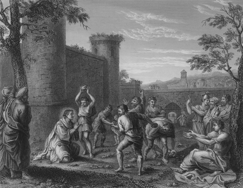 Steningen av St Stephen (gravyr) av Annibale (after) Carracci