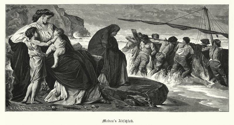Medeas farväl: scen från Euripides antika grekiska tragedi Medea, baserad på legenden om Medea och Jason (gravyr) av Anselm Feuerbach