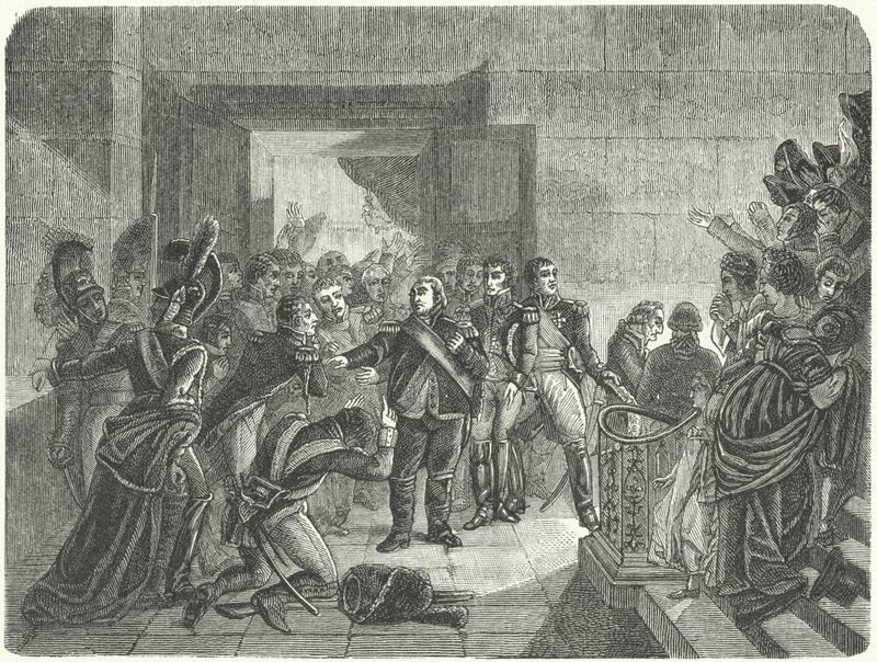 Ludvig XVIII lämnar Tuileriepalatset efter att ha fått veta om Napoleons återkomst till Frankrike från Elba av Antoine Jean (after) Gros