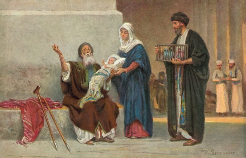 Maria och Josef presenterar Jesusbarnet för Simeon (färglitografi) av Anton Robert Leinweber