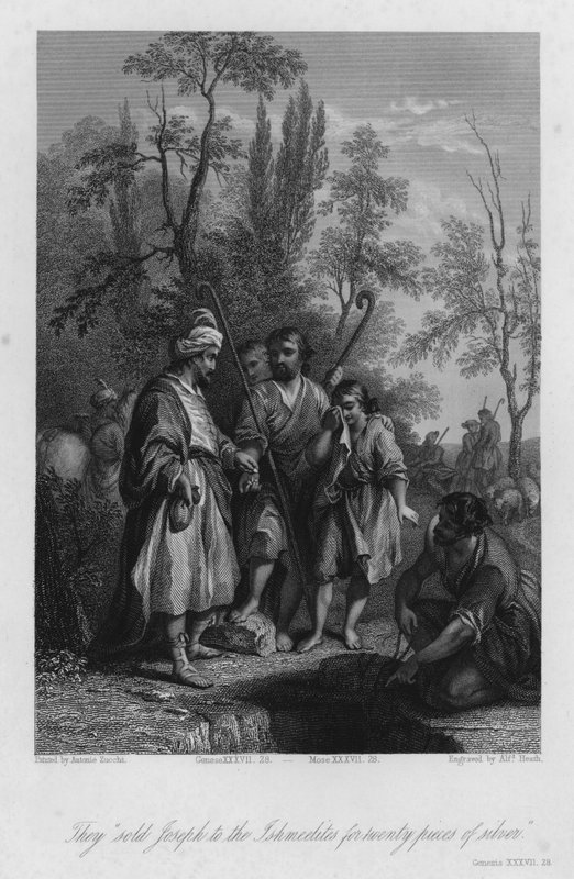 Josef sålde till de ismeelitiska köpmännen, Genesis XXXVII, 28 (gravyr) av Antonio Zucchi