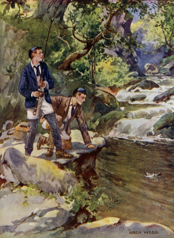 Fånga en öring (färg litho) av Archibald Bertram (after) Webb