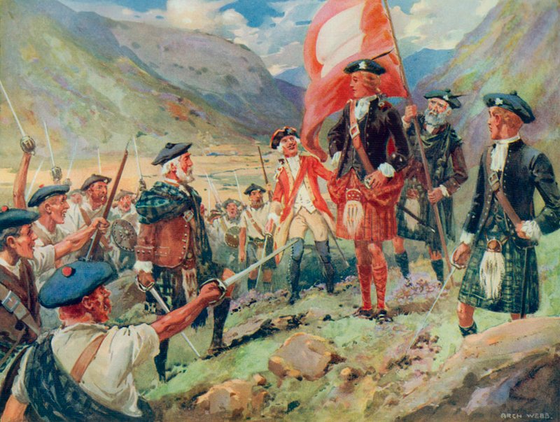 The Raising of the Standard, Bonnie Prince Charlie landar i Skottland 1745 (färg litho) av Archibald Bertram (after) Webb