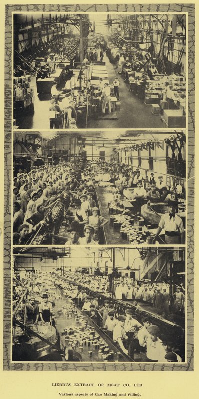 Burktillverkning och fyllning, fabrik av Liebig Extract of Meat Company, Ltd, Argentina (s/v foto) av Argentinian Photographer
