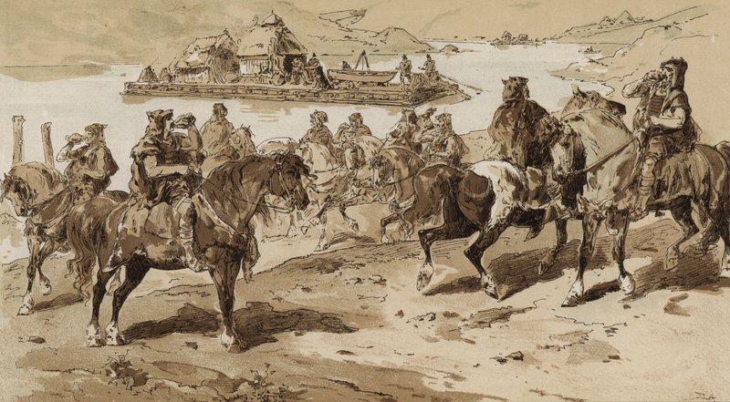 Konkblåsare och flotte i primitiv tid av Armand Jean Heins