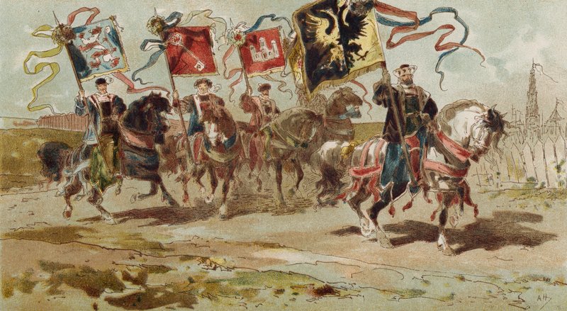 Ryttare som bär banderoller från Hansan och några av dess medlemsstäder, Spanska Nederländerna, 1500-talet av Armand Jean Heins