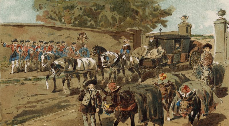 Lastade åsnor och postkärra, österrikiska Nederländerna, 1700-tal av Armand Jean Heins