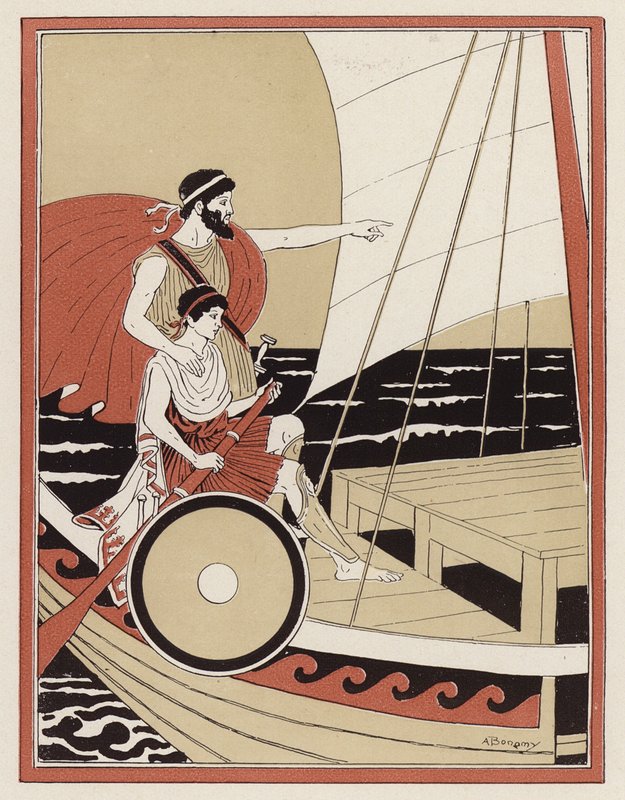 Athena vägleder Telemachus i hans sökande efter Odysseus (färg litho) av Armand Joseph Bonamy