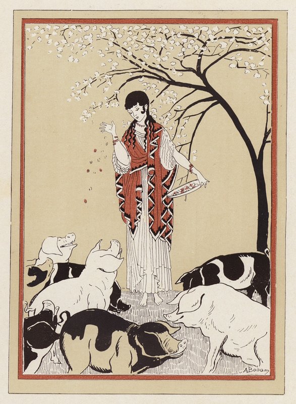 Circe matar Odysseus följeslagare efter att ha förvandlat dem till grisar (färg litho) av Armand Joseph Bonamy