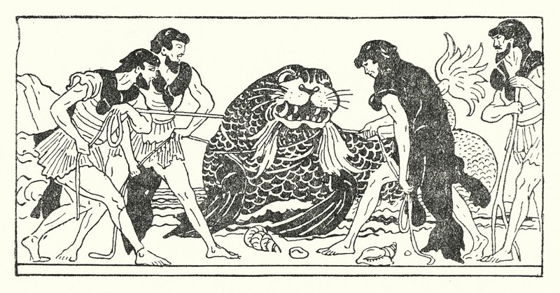 Menelaos och hans följeslagare försöker fånga havsguden Proteus (litho) av Armand Joseph Bonamy